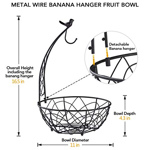 Buruis Metal Fruit Basket Bowl with Banana Holder, Bird Design, Black | Kitchen Countertop Organizer, 2-in-1 Fruit Storage Bowl, Banana Rack, Modern Kitchen Decor, Dining Table Centerpiece - color: Black