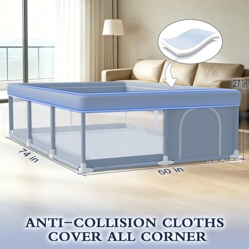 XVISHX 74 x 50 Inch Baby Playpen, Playpen for Babies and Toddlers, Baby Play Pen Playard for Indoor & Outdoor Active Center Game Fence, with Skin-Friendly Fabric and Soft Breathable Mesh, Grey - size: 74 × 50 Inch
