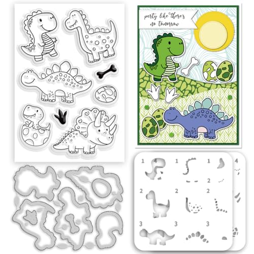 Layered Dinosaurs Clear Stamps and Die Set Reusable Wall Painting Template Dinosaur Egg Silicone Stamps Dinosaur Bones Cutting Die Cuts Stencil for Card Making DIY Craft Scrap-Booking - style: Layered Dinosaurs