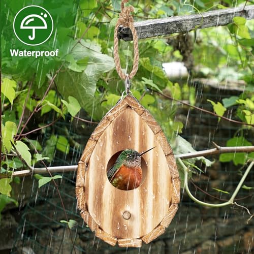 Hummingbird House for Outside - Natural Wooden Birdhouse for Bluebirds, Finches, Cardinals - Small Hanging Bird Nesting Box for Garden, Patio, or Yard - 5.9" D x 4.1" W x 3.8" H