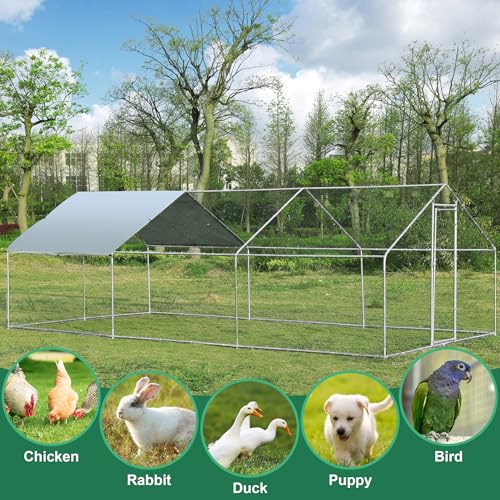 Large Metal Chicken Coop Round Top Upgrade Tri-Supporting Wire Mesh Chicken Run,Chicken Pen with Water-Resident and Anti-UV Cover,Duck Rabbit House Outdoor (Spire Roof 10’ W x 19.5’ L x 6.5’ H)