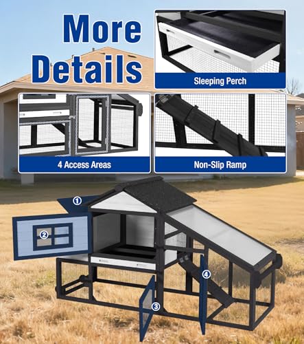 Chicken Coop with Run and Wheels Outdoor Poultry Hen House with Slide-Out Tray Chicken Cage Weatherproof Roof Predator-Proof for Backyard Black and White - color: 72.3"L Black & White