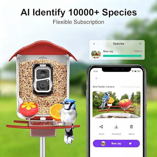 birdsnap® PAV Bird Feeder with Camera Solar Powered 2K Live Video 64GB Card | AI Bird Species Identification, Instant Arrival Alerts, IP65 Waterproof, Wild Bird Feeders for Outdoors, Gift for Bird Lovers - color: Red