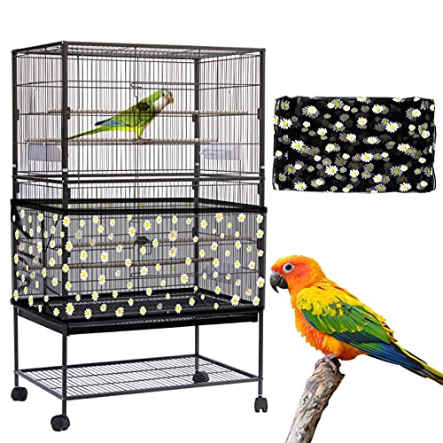 Daoeny Large Bird Cage Cover, Bird Cage Seed Catcher, Adjustable Soft Nylon Mesh Net with Daisy Pattern, Birdcage Cover Skirt Seed Guard for Parrot Parakeet Macaw Round Square Cages (Black) - color: Black, Daisy Design