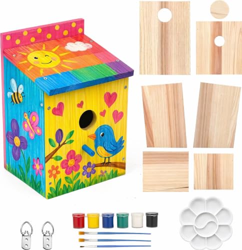 Bird House Kit, Large DIY Wooden Birdhouse Kits Including Paints and Brushes, Wooden DIY Bird House for Garden Yard Decor Gifts, Complete Crafting Kit