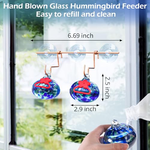Pozfun Set of 2 Hummingbird Feeders for Outdoors Hanging,Hand-Blown Glass Hummingbird Feeder with Silicone Feeding Perch,Never Leak,Gardening Gifts for Woman Man(Red) - color: Dark Blue
