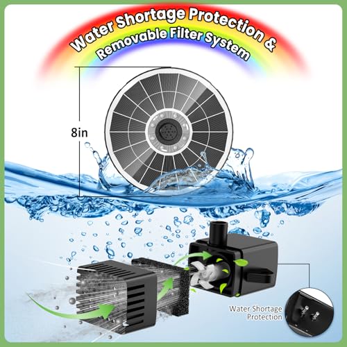 Yzert 2026 Remote Solar Powered Fountain, 6W Glass Bird Bath Fountain with 4000mAh Battery, 7 Nozzles, 4 Fixers & 8 Colorful LEDs, Adjustable Water Height for Outdoor Garden Pond Pool - color: 8leds