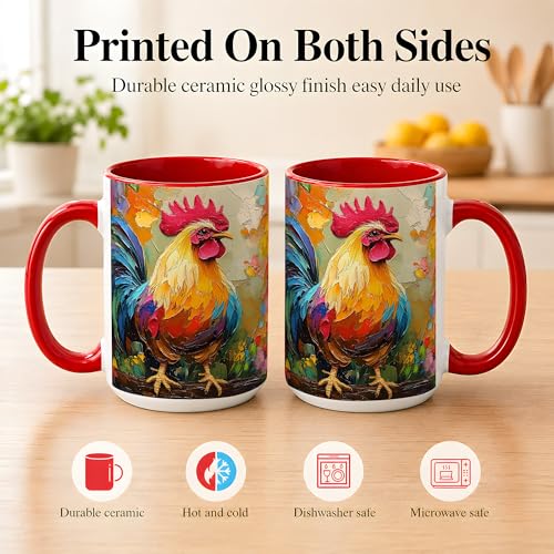 Colorful Rooster Coffee Mug, Farmhouse Chicken Mug, Rustic Kitchen Morning Theme, Impasto Style Barnyard Bird Artwork, Red Accent Ceramic 15 oz Double Sided Drinkware Cup for Home Use - color: Rooster 15Oz