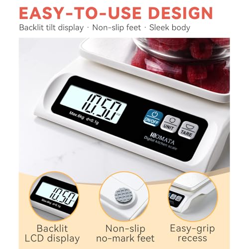 BOMATA 0.1g High Precision Digital Kitchen Food Scale, 13lb Gram Scale | USB Rechargeable, Removable Pan, Stainless Steel Pan, Backlit LCD Display, for Cooking, Baking B621 White - color: White Rechargeable