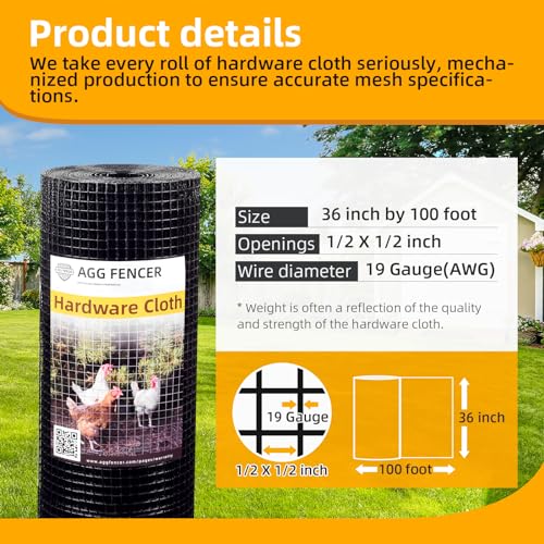 36in x 100ft Black Hardware Cloth 1/2 inch 19Ga PVC Coated Mesh | Vinyl Coated Fence, Welded Metal Chicken Wire Fencing Roll, Garden Plant Fencing, for Chicken Coop and Home Improvement - size: 1/2 inch 36in x 100ft