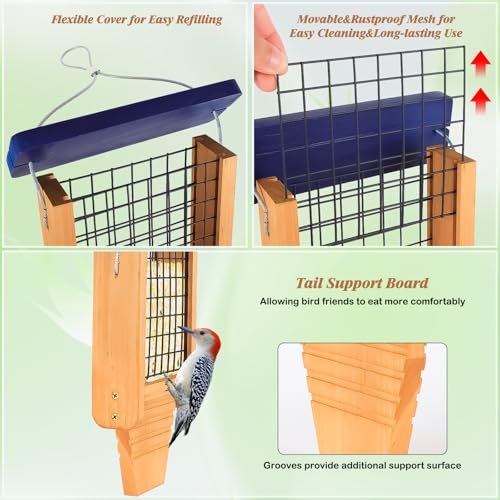 Gbekery Wooden Suet Bird Feeder for Outside Hanging, Woodpecker Suet Feeder with Tail Prop, Hanging Bird Feeder for Wild Birds, 1 Pack, Blue - color: Blue