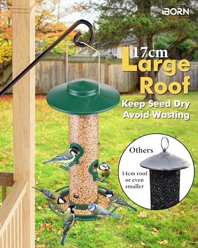 iBorn Bird Feeders for Outdoors, 1.5LB Metal Bird Feeders 17cm Large Roof &Tray, 4 Feeding Ports, Green Finish - color: Green, 2LB, 4 Ports