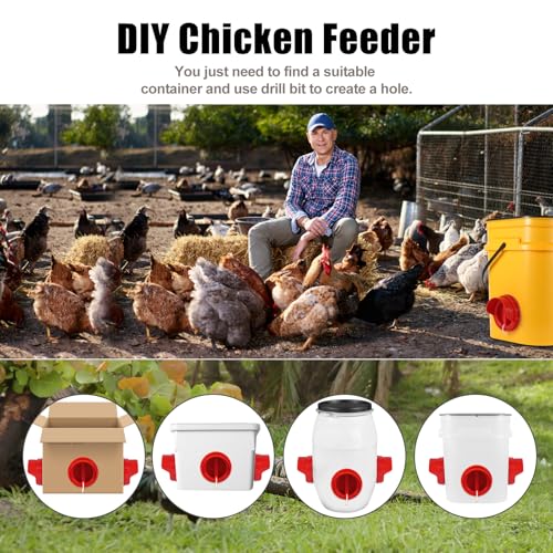 Chicken Feeder No Waste, 6 Ports Automatic Poultry Feeder with Covers & Hole Saw, Rain Proof Chicken Feeder Port for Buckets, Bins & Barrels - color: Red