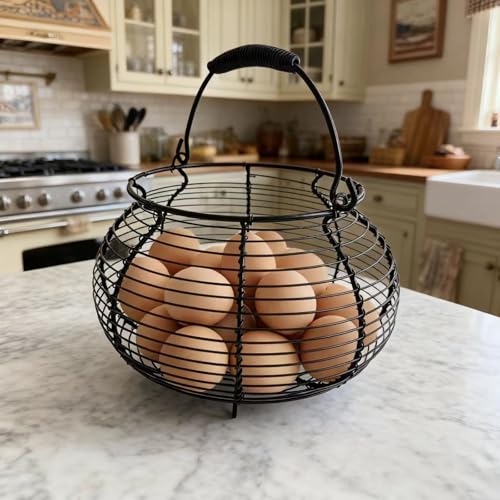 Wire Egg Basket for Gathering Fresh Eggs with Handle | Metal Egg Holder Countertop | Farm Fresh Egg Collecting Basket and Storage Holder | Suitable for Kitchen, Countertop and Farm