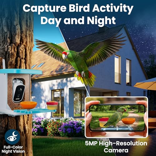 AI Smart Bird Feeder with Camera - Solar Powered Bird Feeder, 2.5K Video, 10,000+ Species ID - 50m App Range, Two-Way Audio - with Hummingbird Feeder - IP65 Waterproof, Night Vision, 1.5L