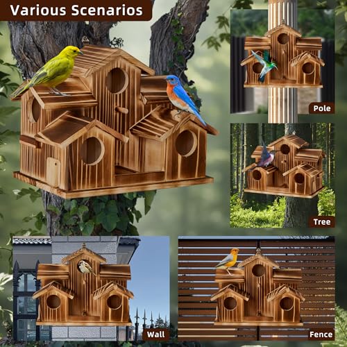 Bird House for Outside 5 Hole Bird Houses Room for 5 Bird Families Large Bird House for Garden/Courtyard/Backyard for Garden Decor-Finch Bluebird Cardinals Handmade Wooden Hummingbird House - style: Castles