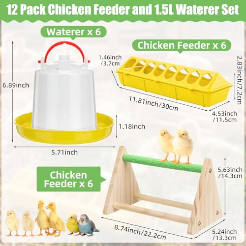 14 Pcs Chick Feeder and Waterer Kit with Wooden Perch Baby Poultry Starter Set 1.5 L Feeding Dispenser for Small Poultry Ducks Quail Pigeon Coop and Brooder (Yellow) - color: Yellow