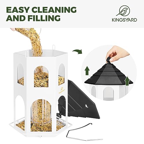 Kingsyard Metal Bird Feeder for Outdoor Hanging, Wild Bird Feeders with Circular Perch, Easy to Clean & Refill, 4 lbs Large Seed Capacity, White - color: White