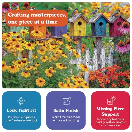 Cross & Glory | 1000 Piece Jigsaw Puzzles for Adults | A Fence Full of Song | Colorful Birdhouses, Garden Flowers & Butterflies | Bright Nature Puzzle | 2mm Thick Pieces | Satin Finish | Ages 14+ - color: A Fence Full of Song