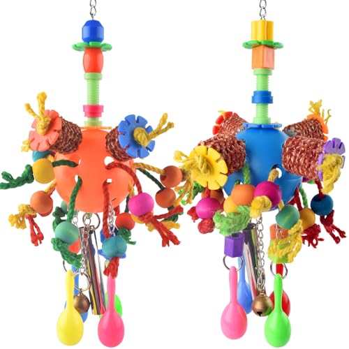 KATUMO Bird Toys, 2PCS Parakeet Foraging Shredder Hanging Toys with Sola Balls Sand Hammer, Parrot Ball Treats for Conure Mini Macaw Cockatiel Lovebird Small-Medium Birds - style: Orange+Blue