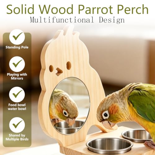Parrot Bird Perch with Mirror and Stainless Steel Feeding Cups | Bird Perch Platform Toy,Wooden Play & Exercise Gym Stand,Cage Accessory for Cockatoos,Lovebirds,Budgies,Pacific Parrotlets B - color: D