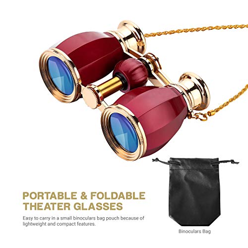 ESSLNB Opera Glasses Binoculars for Women Adults 4X30mm Theater Glasses Compact Binoculars for Theater and Concerts Antique with Case Removable Chain (Red) - color: Red