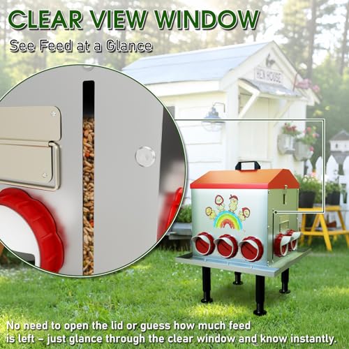 StellarStar 85LB Large Automatic Chicken Feeder with Window | 10 Ports, No-Waste Tray, Adjustable Legs & Locking Lid, Rust-Proof Metal, Waterproof Poultry Feeder for Chickens/Ducks/Geese