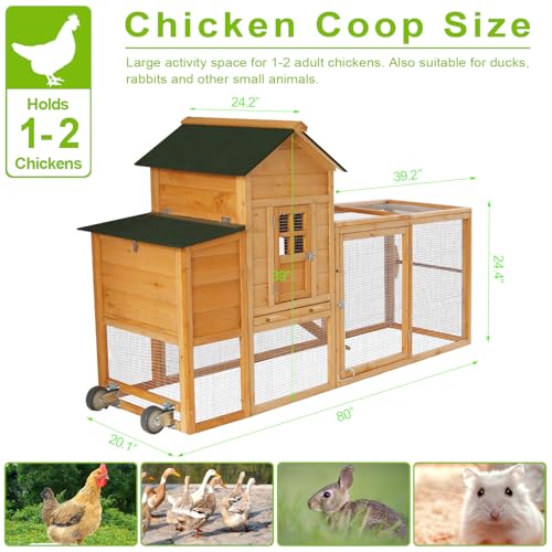 Chicken Coops for 1-2 Chickens with Wheels, Outdoor Wooden Hen House with Nesting Box, Large Rabbit Hutch, Outside Poultry House, Wire Fence Run Cages, Weatherproof for Backyard(Wooden) - size: 80.3"L x 24.2"W x 39.0"H
