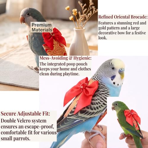 Escape-Proof Adjustable Parrot Flight Suit with Chinese Brocade Bow, Reusable Washable Bird Diaper Clothing for Cockatiels, Parakeets, Monk Parrots, Sun Conures & Mini Macaws (Red Nylon-S) - size: Red nylon-S