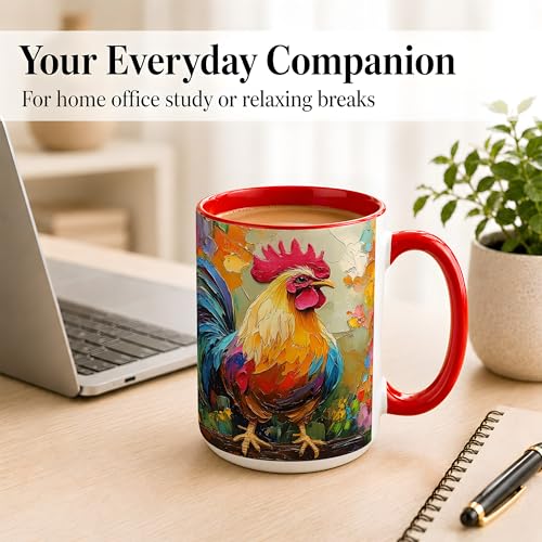 Colorful Rooster Coffee Mug, Farmhouse Chicken Mug, Rustic Kitchen Morning Theme, Impasto Style Barnyard Bird Artwork, Red Accent Ceramic 15 oz Double Sided Drinkware Cup for Home Use - color: Rooster 15Oz