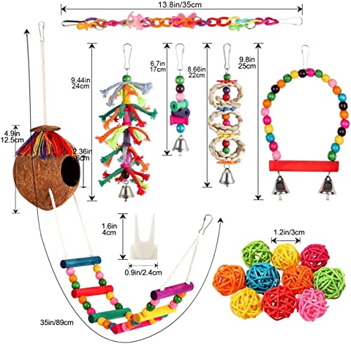 Parakeet Bird Parrot Toys Colorful Swing Chewing Hanging Toys with Bells Climbing Ladder Coconut Bird Cage for Small Cockatiels,Conures,Finches,Budgie,Macaws,Love Birds (PET-ONLY USE)