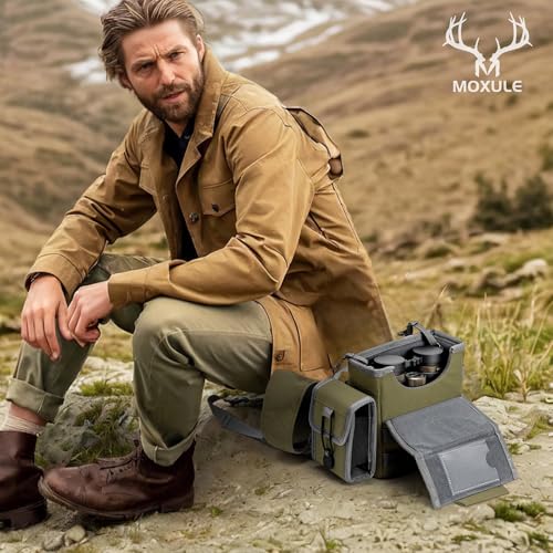 Binocular Harness Chest Pack - Bino Harness with Rangefinder Pouch | Silent magnetic lid, one-handed access, rain cover, removable pouch, MOLLE webbing for hunting, hiking, birdwatching - color: Green