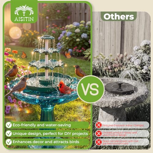 AISITIN 6.5W Solar Bird Bath Fountain, 3-Tiered Waterfall, DIY Detachable | Solar Fountain Pump & Adjustable Panel, Lightweight Resin Plastic for Garden, Outdoor Bird Feeder, Pond Decor