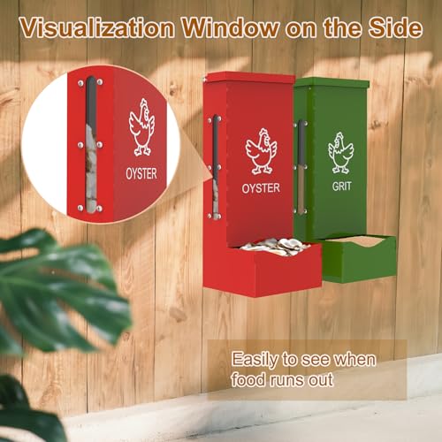 2 Pack Chicken Oyster Shell Feeder and Grit Feeder, Heavy Duty Metal Automatic Chicken Feeders with Lid, Gravity-Fed Chicks Food Dispenser Hanging Poultry Feeders for Coop Ducks Pigeons - color: Red + Green