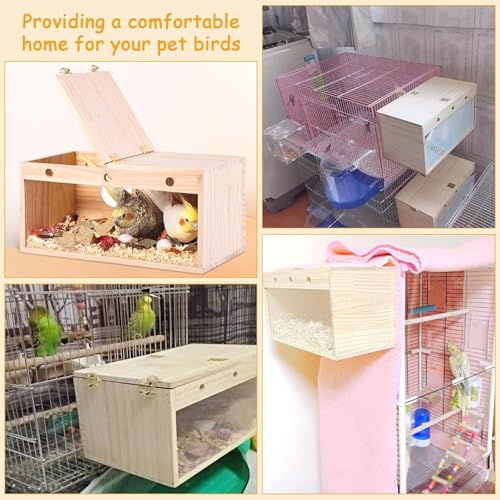 PINVNBY Large Natural Wood Parakeet Nesting Box Budgie Breeding Box Acrylic Bird Nest for Cage Transparent Panoramic for Birds, Parrots, Cockatiels, Lovebirds, Canaries (XL: 13.3 x 7.8 x 7.08 inch) - size: XL: 13.3 x 7.8 x 7.08 inch