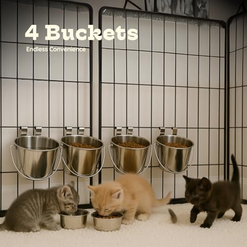 1 Quart Stainless Steel Flat Sided Bucket with Dual Hooks | 4 Pcs Durable Food & Water Bowl for Dog Cat Bird & Small Animals | Fits kennel Cage Crates Farm Hanging Pet Pail | Multipurpose - size: 1 Quart (Pack of 4)