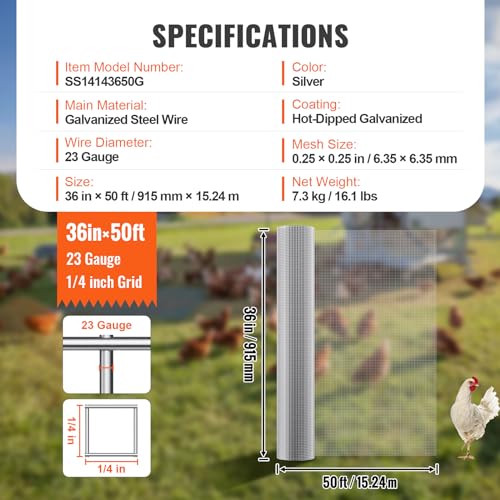 VEVOR Hardware Cloth, 1/4 inch 36in x 50 ft 23 Gauge, Hot Dipped Galvanized Wire Mesh Roll, Chicken Wire Fencing, Wire Mesh for Rabbit Cages, Garden, Small Rodents - size: 36'' x 50'