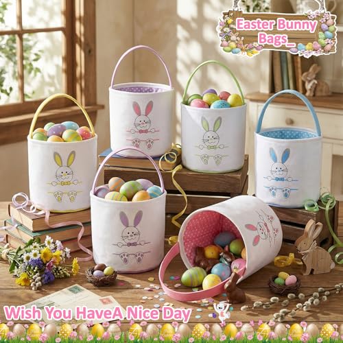 Weewooday 6 Pcs Easter Bunny Basket Bags Canvas Rabbit Bucket Tote for Easter Egg Hunts Candy Gifts Storage - color: Colorful 2, style: Elegant Rabbit