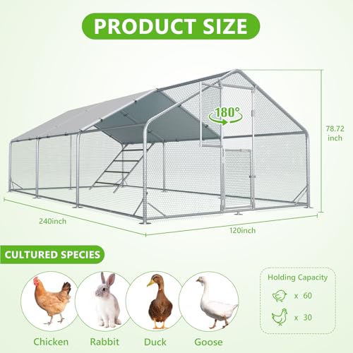 Large Chicken Coop,Metal Chicken Run for Yard with Feeding Door,Walk-in Chicken Pen for 20-30 Chickens,Outdoor Poultry Cage with Anti-UV Cover,Duck Rabbit House