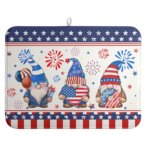 4th of July Dish Drying Mats for Kitchen Counter 18x24 In Memorial Independence Day Patriotic Gnome Stars Microfiber Drying Mat Fourth of July USA Super Absorbent Dish Rack Mat Drying Pad - color: 4th of July Dish Drying Mats-A5-1, size: 18" x 24"