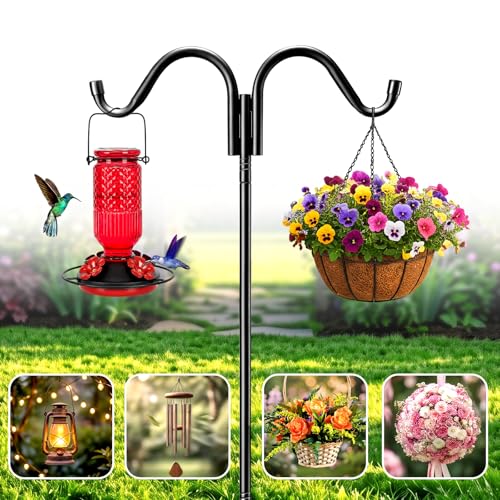 Garden Double Shepherds Hook 67 Inch Adjustable Bird Feeder Pole with 5 Prongs Base Heavy Duty Rustproof Shepards Hooks for Outdoor Hummingbird Feeder Stand, Solar Lights, Lanterns