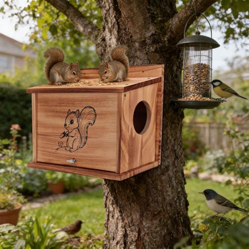 Squirrel House for Outside with Raccoon-Proof Baffle, Carbonized Pine Nesting Box, Outdoor Squirrel Box for Backyard Wildlife