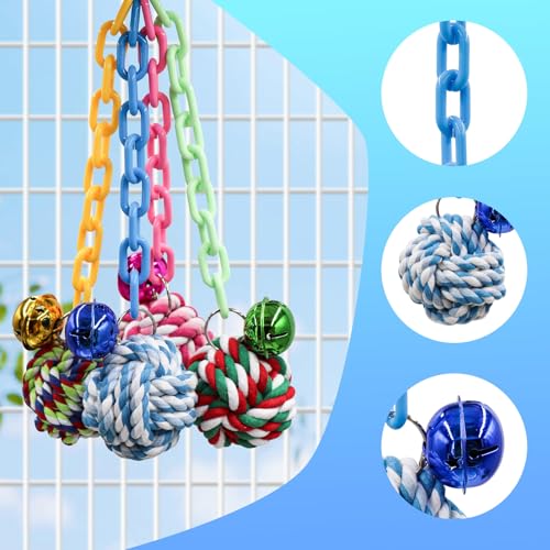 4-Pack Colorful Bird Chew Toys – Cotton Rope Balls with Chains & Bells for Small/Medium Parrots | Shredding & Play Enrichment for Budgies, Cockatiels, Lovebirds, Conures