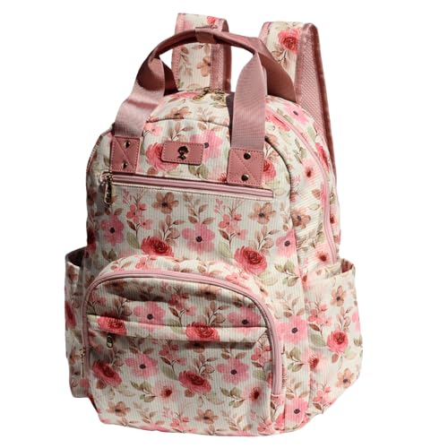 Diaper Bag Backpack Corduroy Multifunction Baby Fashion Travel Pack office Laptop Bag - color: Pink White Flower