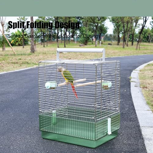 304 Stainless Steel Travel Bird Cage, 17 Inch Foldable Carrier for Conures Cockatiels Grey Parrots Caiques, with Aluminum Handle Perch (Green, Large Birdcage) - color: green
