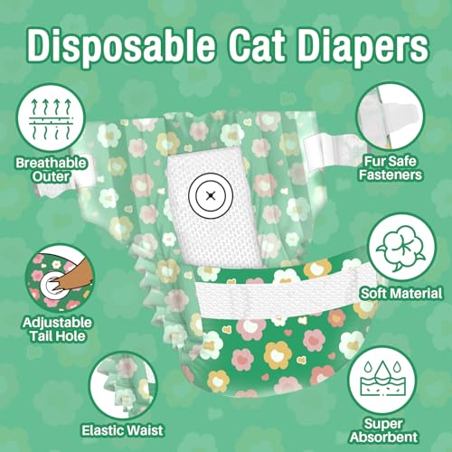 Pet Soft Disposable Cat Diapers - Diaper for Female & Male Cats, Puppy Doggie Diapers for Female Dogs with Adjustable Foam Tail Hole, Small (24Pcs, GN Flowers) - size: Small (24Counts)