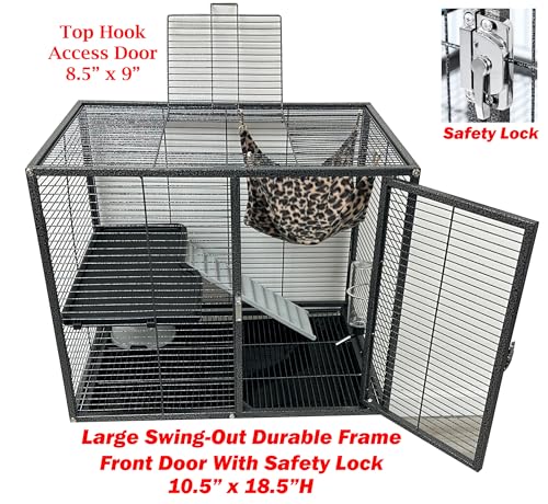 Deluxe Two Tiers Small Animal Critter Cage Tight 1/2-Inch Bar Spacing Water Bottle Food Bowl Feisty Ferret Hammock Chinchilla Rat Mice Squirrel Rabbit Sugar Glider Easy Clean Pull Out Grate Tray - color: Black Vein, size: 24"L x 17.5"W x 34"H