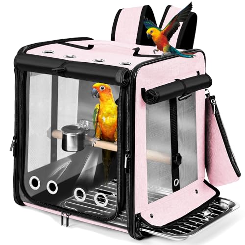 Bird Carrier with Seat Belt for Car Travel, Bird Backpack Carrier with Indestructible Stainless Steel Mesh, Large Bird Carrier Travel Cage, Pink - color: Pink, size: 13.5"L x 10.0"W x 15.5"H