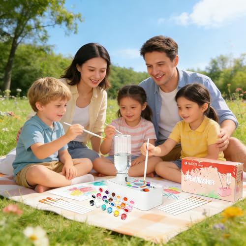 Paint Brush Cleaner Tool,Painting Running Water Circulation Art Supplies,with Brushes,Colors Paint,Watercolor Paper,Paint Station Creative Gift for Kids Girls Adult Artist Beginners (White) - color: White
