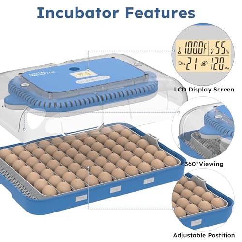 Egg Incubator for Hatching 70 Chicken, Duck, Quail & Goose Eggs – Automatic Egg Turner, Humidity & Temperature Control, Built-in LED Candler, Auto Water Refill, 360° Clear View Digital Poultry Hatcher